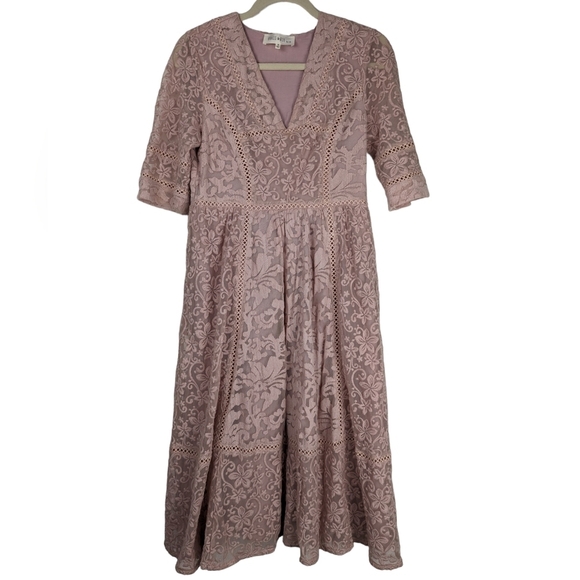 Brass & Roe Blush Pink Lace Midi Dress M Romantic Cottagecore Spring Wedding - Picture 9 of 13